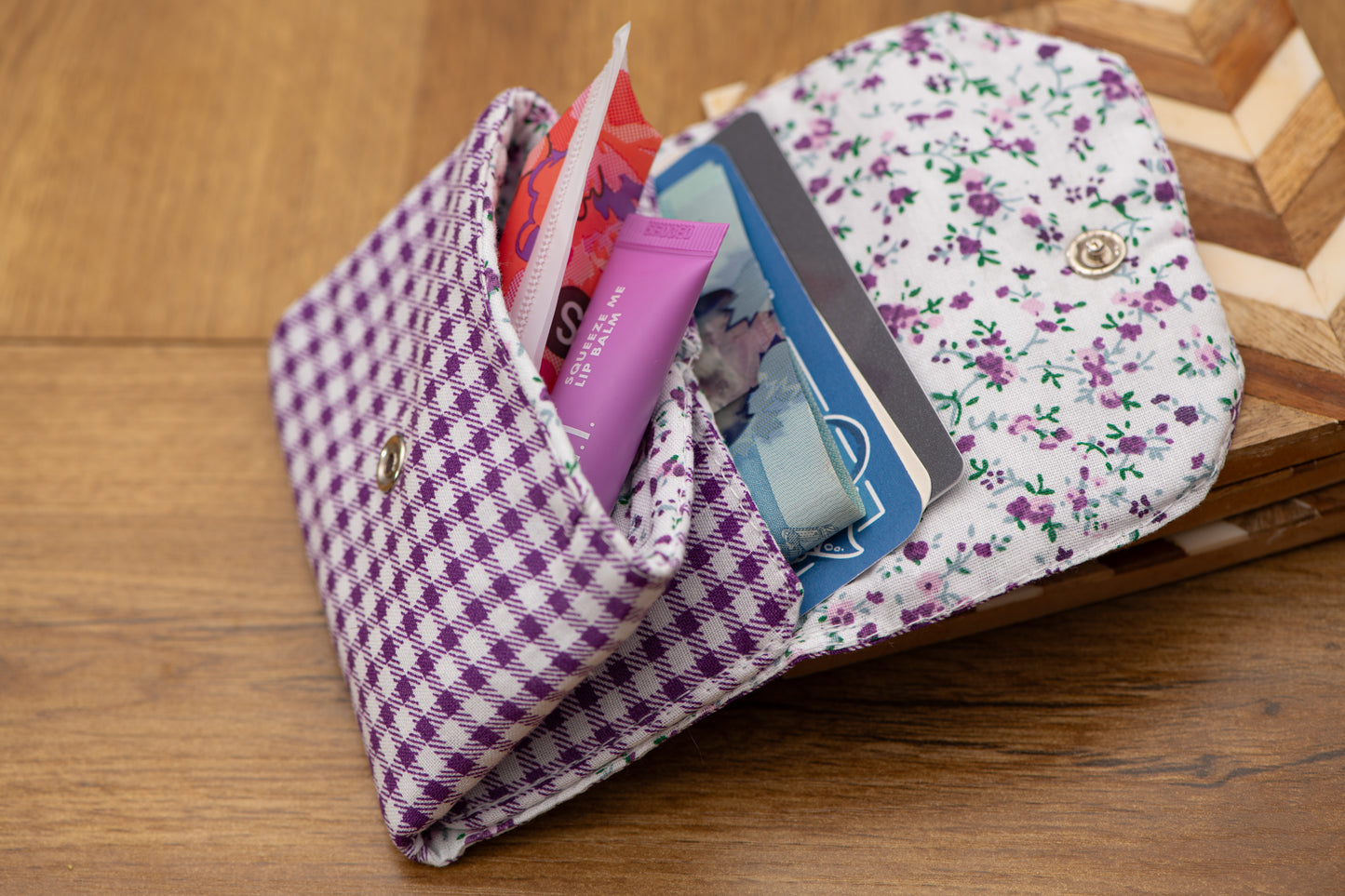 Porte-feuille mini vichy mauve