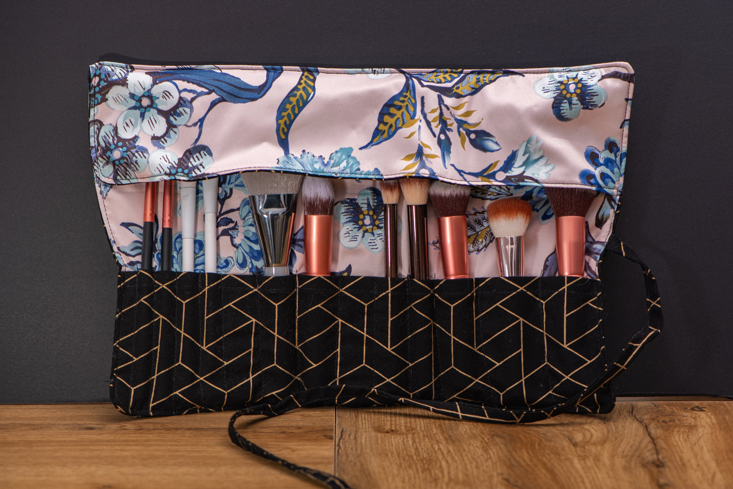 Pochette à pinceaux de maquillage - Corail/fleurs roses