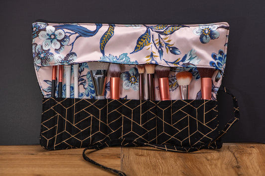Pochette à pinceaux de maquillage - Corail/fleurs roses